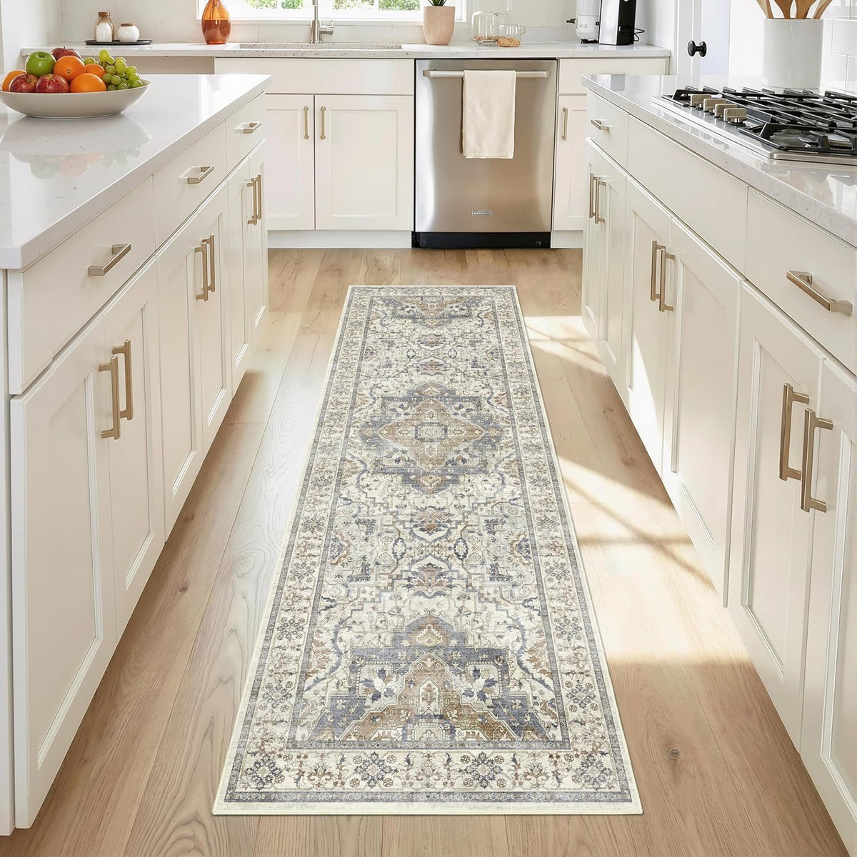 2X6 Non-Slip Washable Kitchen Vintage Runner Rug, Beige Blue