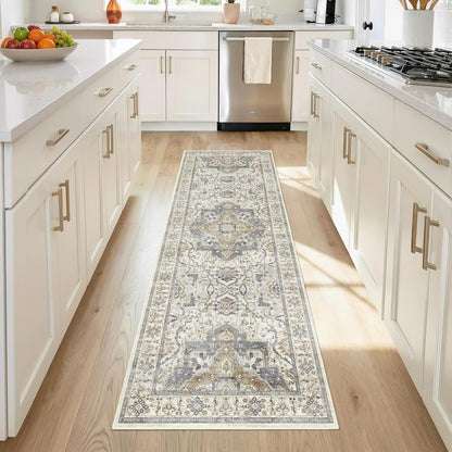 2X6 Non-Slip Washable Kitchen Vintage Runner Rug, Beige Blue