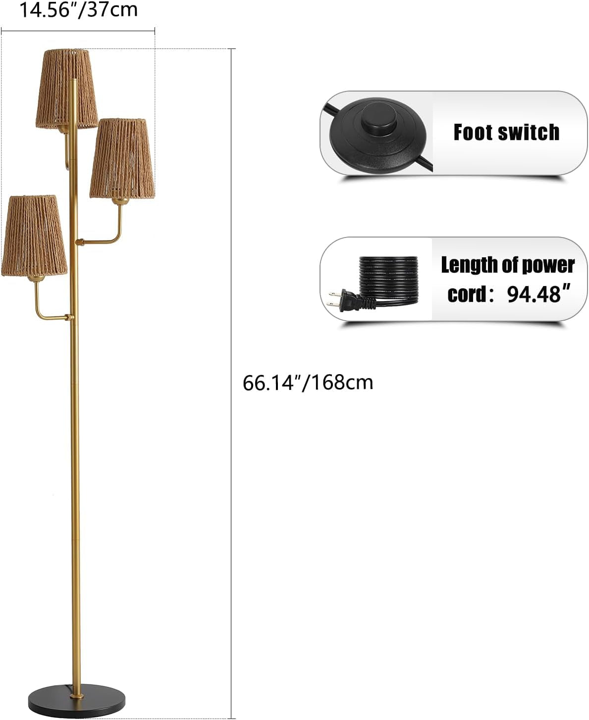 Rattan Floor Lamp for Living Room:3 Light Boho Floor Lamp for Bedroom, Gold Standing Lamp with Foot Switch, Coastal Rustic Tall Lamp, No Bulb