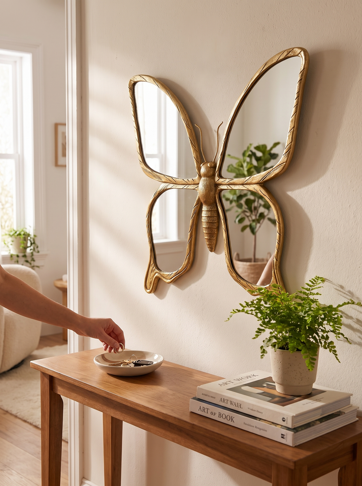 Retro Resin Butterfly Wing Wall Mirror brightening a small room