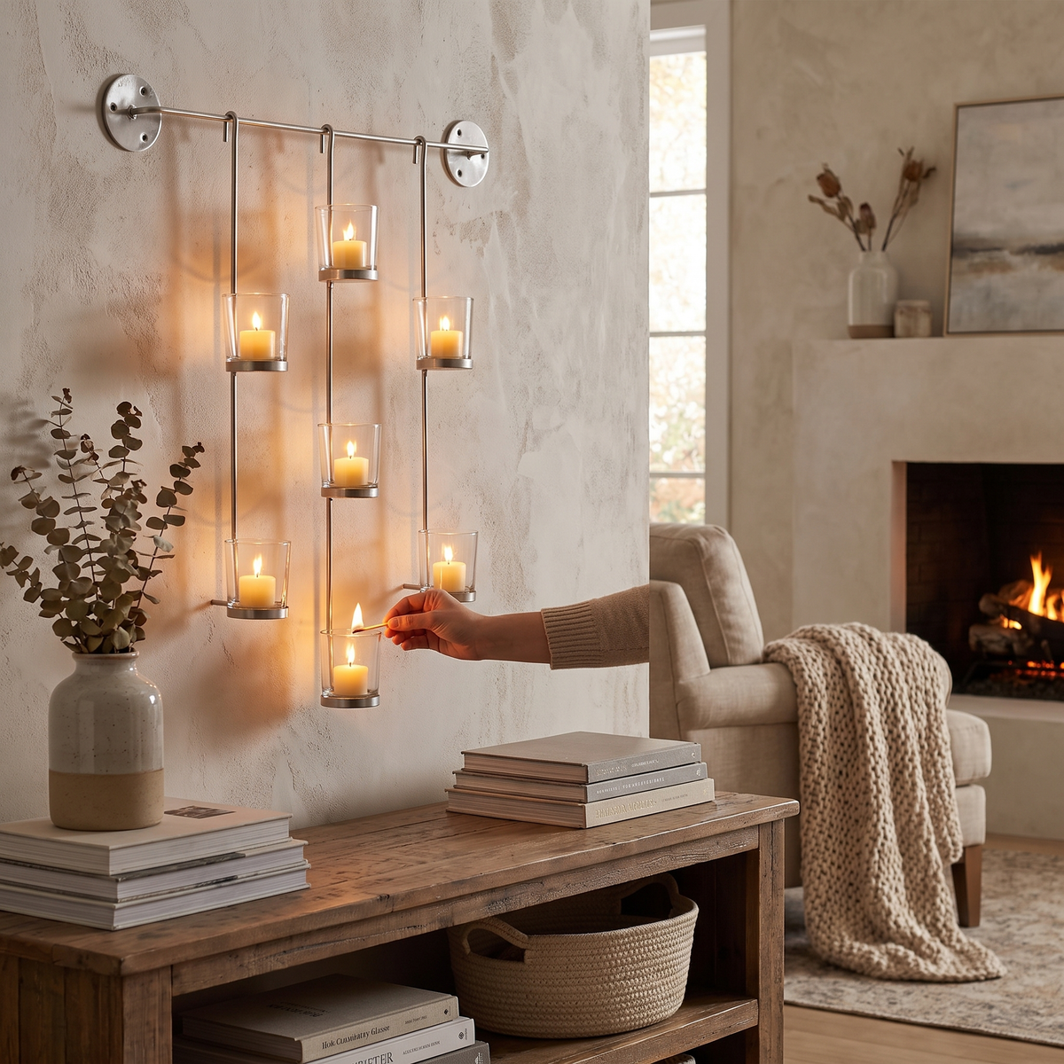 Silver metal 7 candle wall sconce mounted in a room