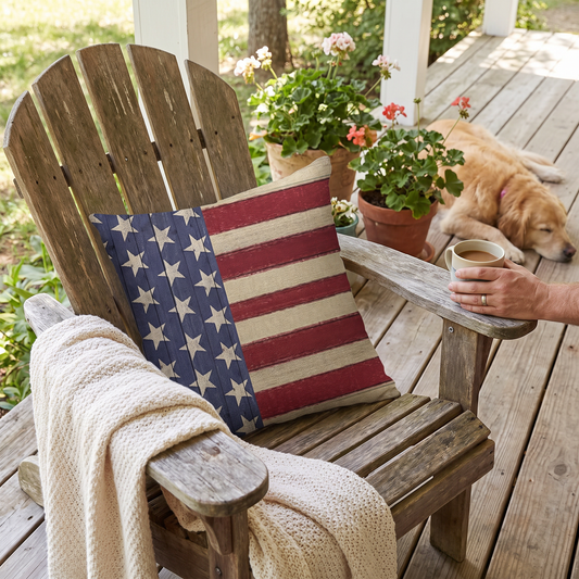 Patriotic throw pillow cover on a sofa