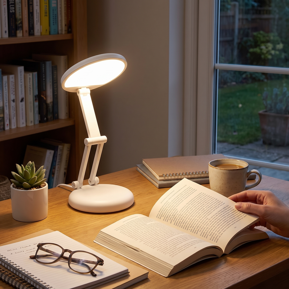 Cordless rechargeable LED desk lamp on a desk
