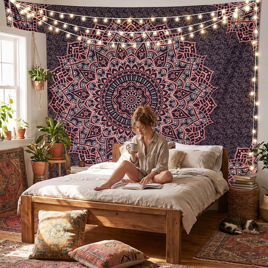 Black and pink mandala tapestry on a bedroom wall