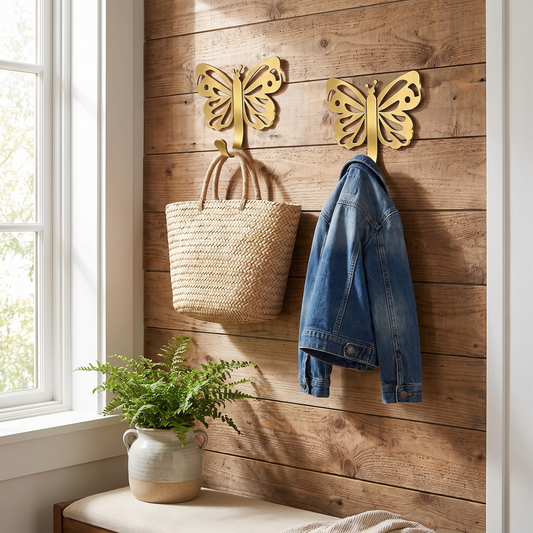 Gold brushed butterfly wall hooks in use
