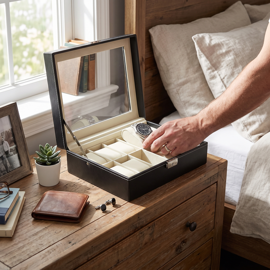 Watch and jewelry display case in use