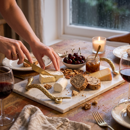 White marble cheese board with brass handles in use