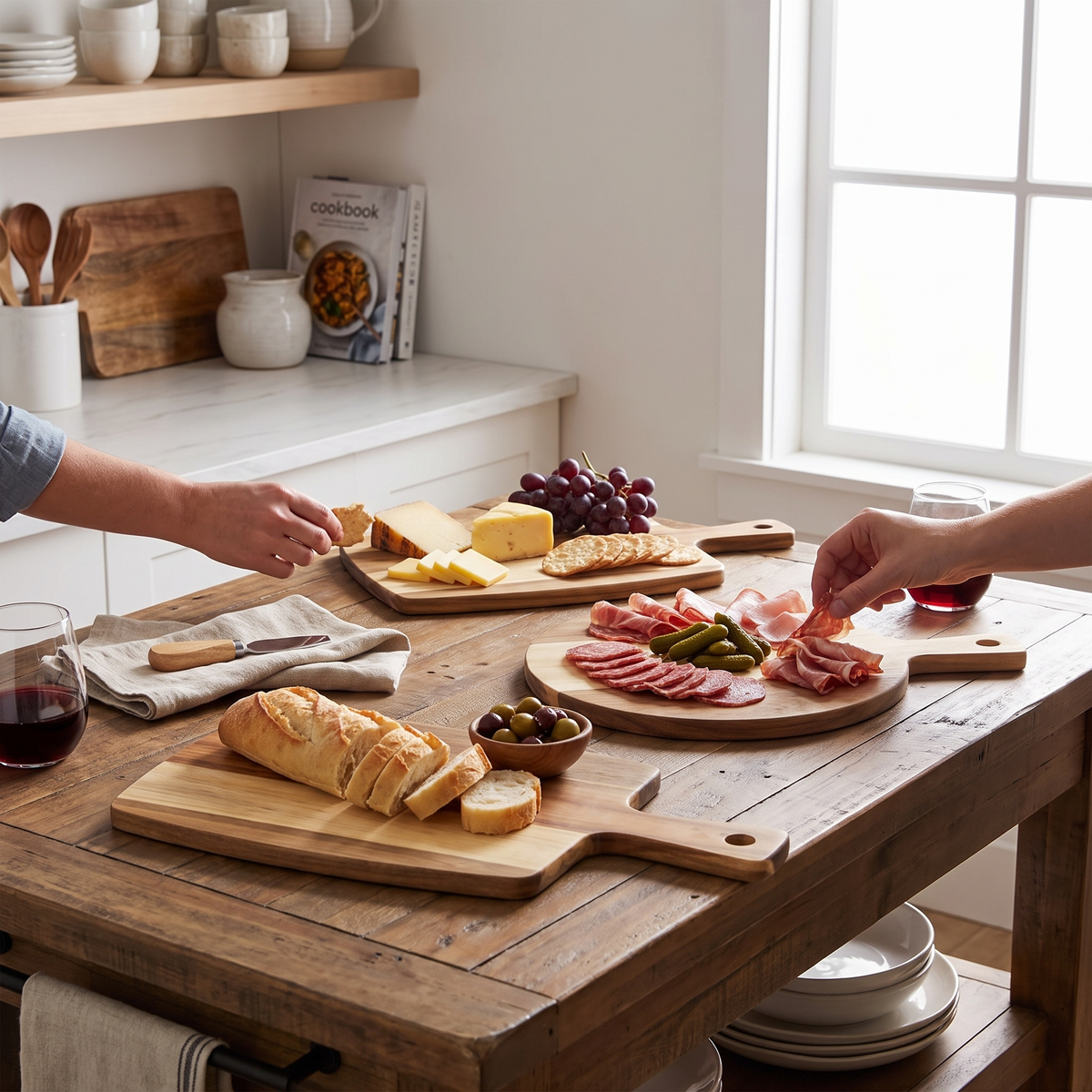 Acacia wood cutting board set in a kitchen