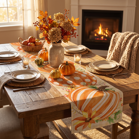 Thanksgiving pumpkin table runner on dining table