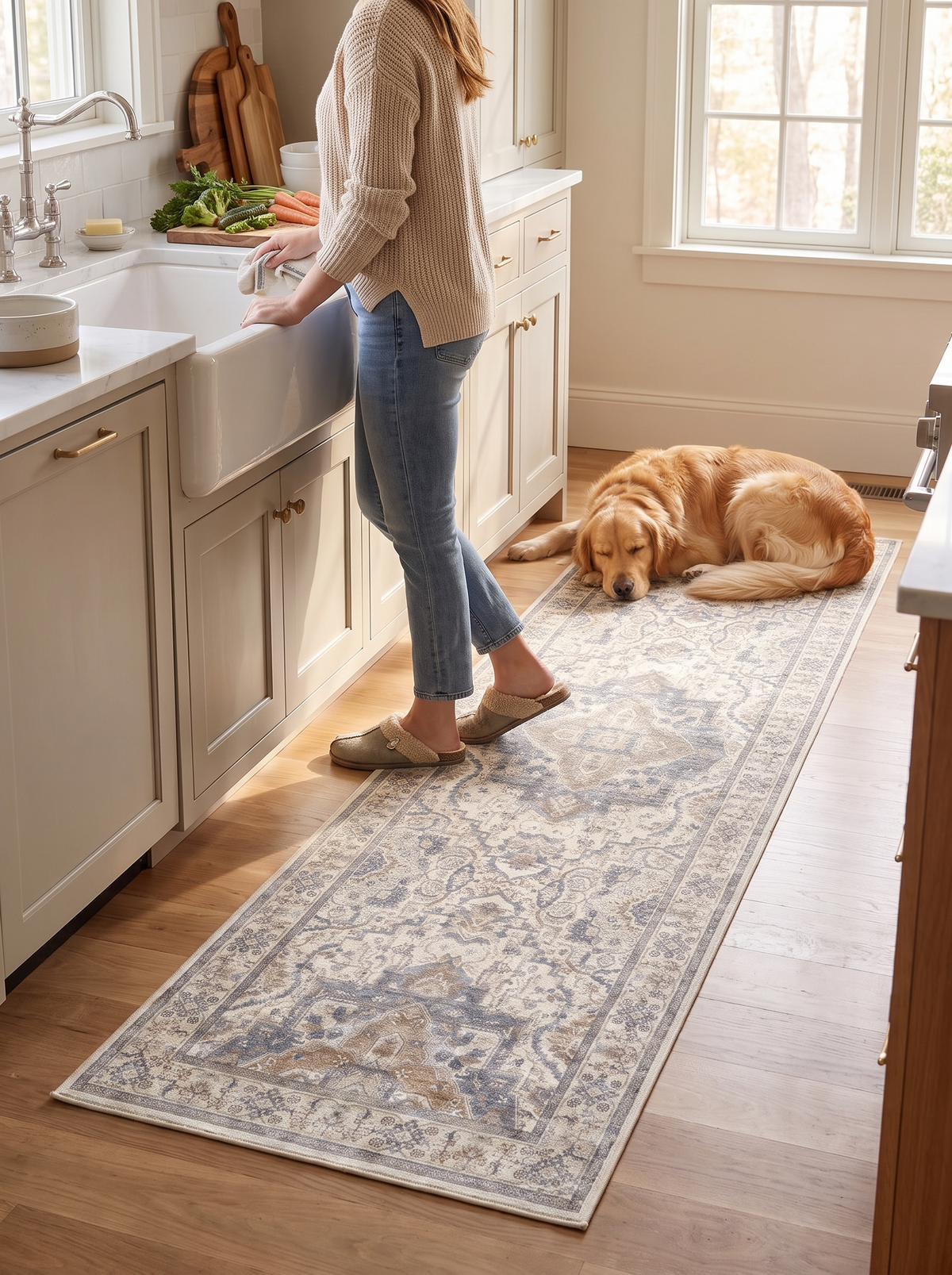 Vintage washable runner rug being wiped clean after a spill