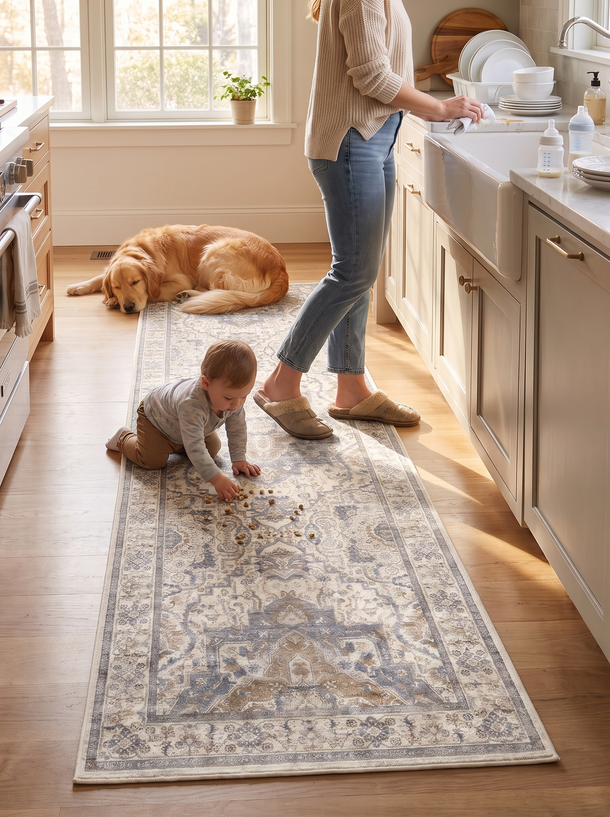 Vintage washable runner rug in a busy kitchen walkway