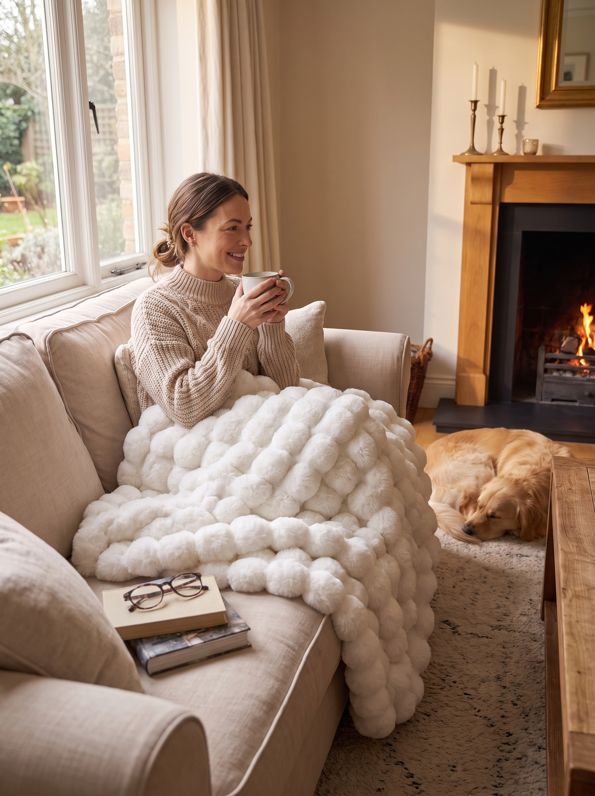 Bubble faux fur throw blanket freshly laundered and folded in a home setting