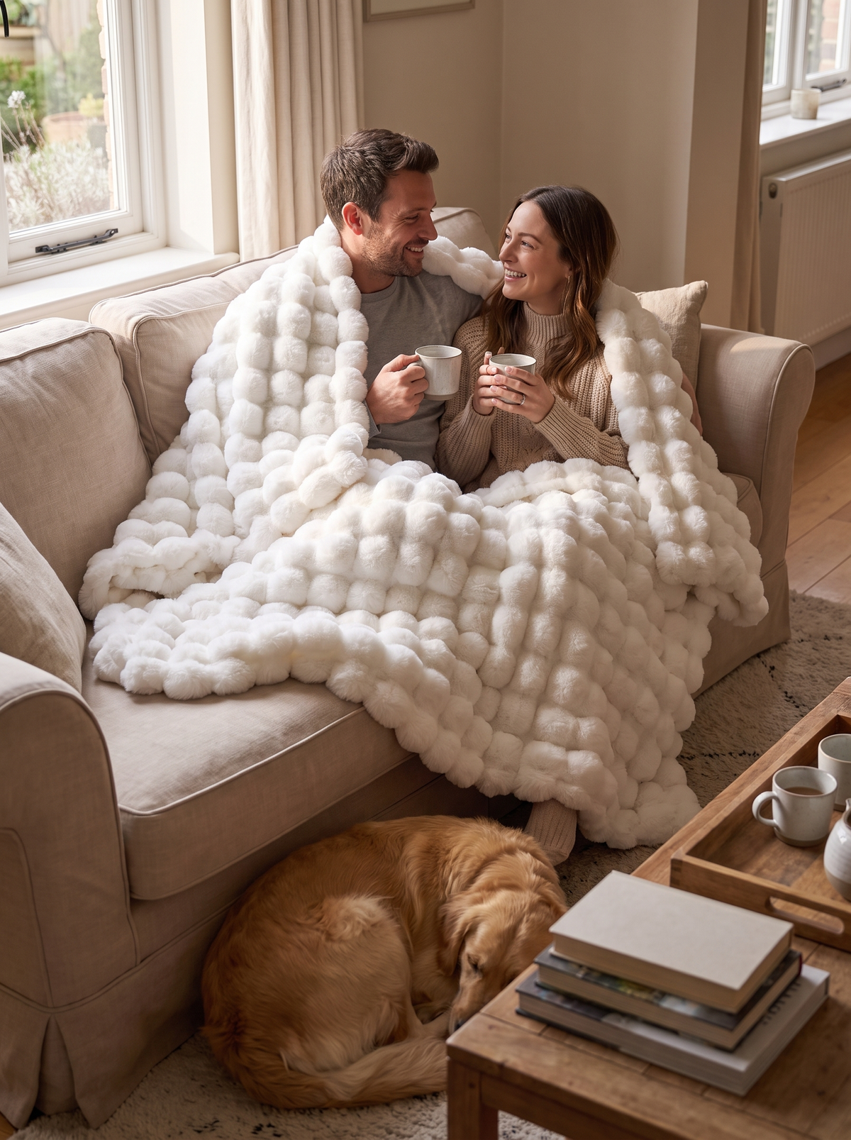 Bubble faux fur throw blanket spread across a sofa, generous 60 by 80 inch size