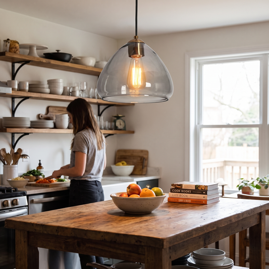 Gold pendant lights hanging over a kitchen island