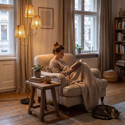 Rattan boho floor lamp in a living room setting