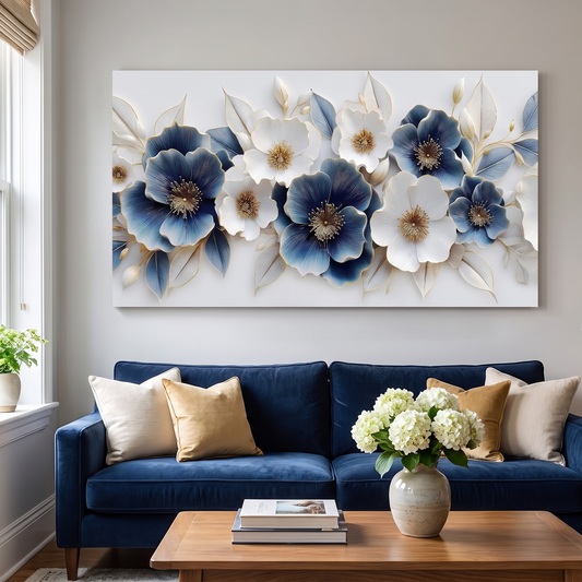 Blue and white floral canvas wall art hung in a living room