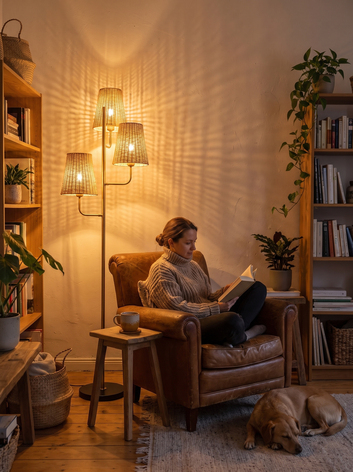 Boho rattan floor lamp casting a patterned glow on the wall