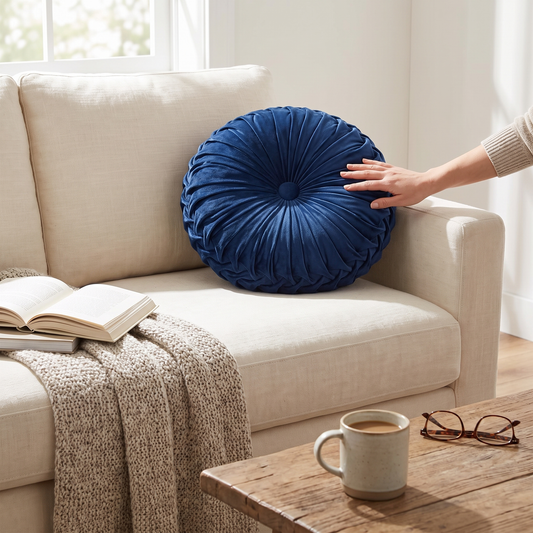 Round Pleated Velvet Throw Pillow in use