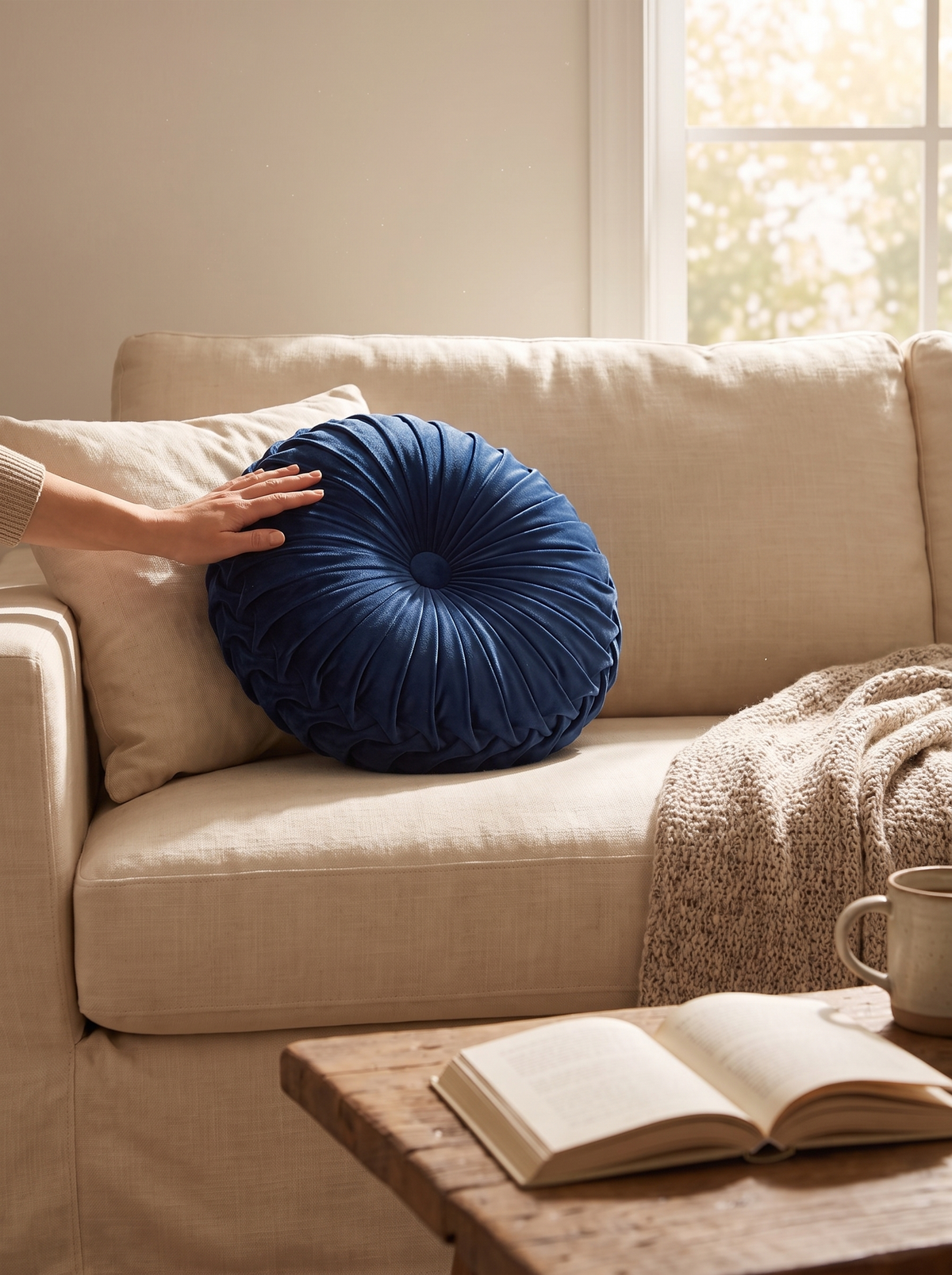 iwt-32 Round Pleated Velvet Throw Pillow lifestyle