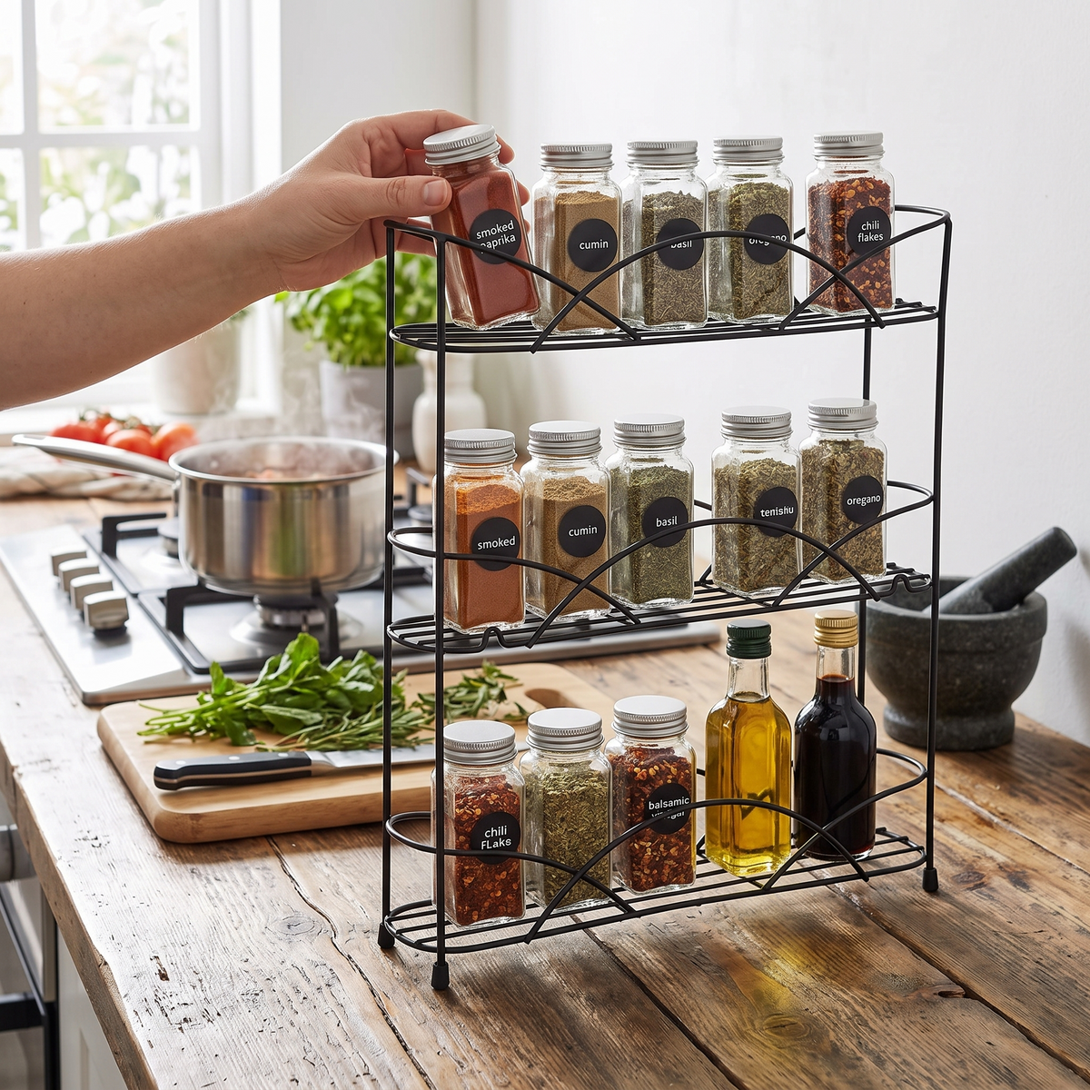 Spectrum 3 Tier Spice Rack Organizer in use in a modern kitchen