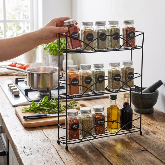 Spectrum 3 Tier Spice Rack Organizer in use in a modern kitchen