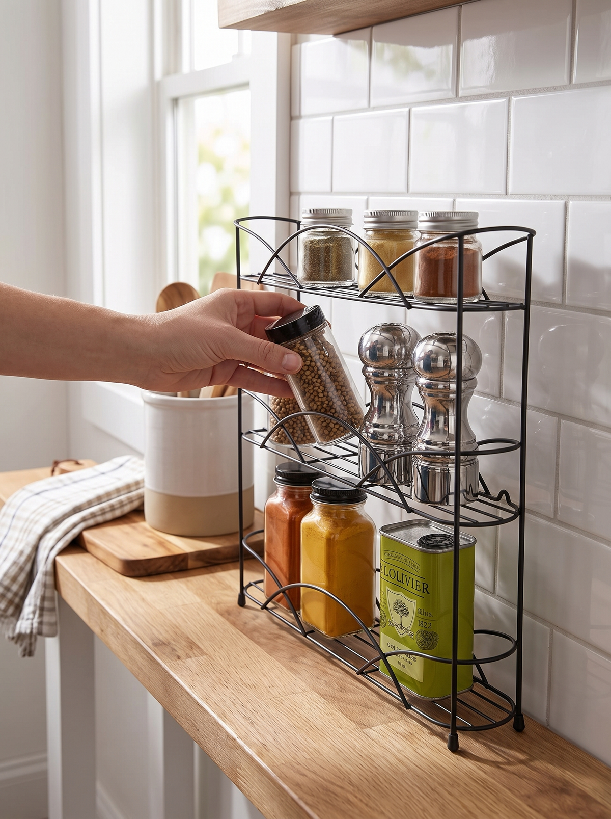 Slim 3-Tier Wire Spice Rack Organizer fitted into a narrow counter run