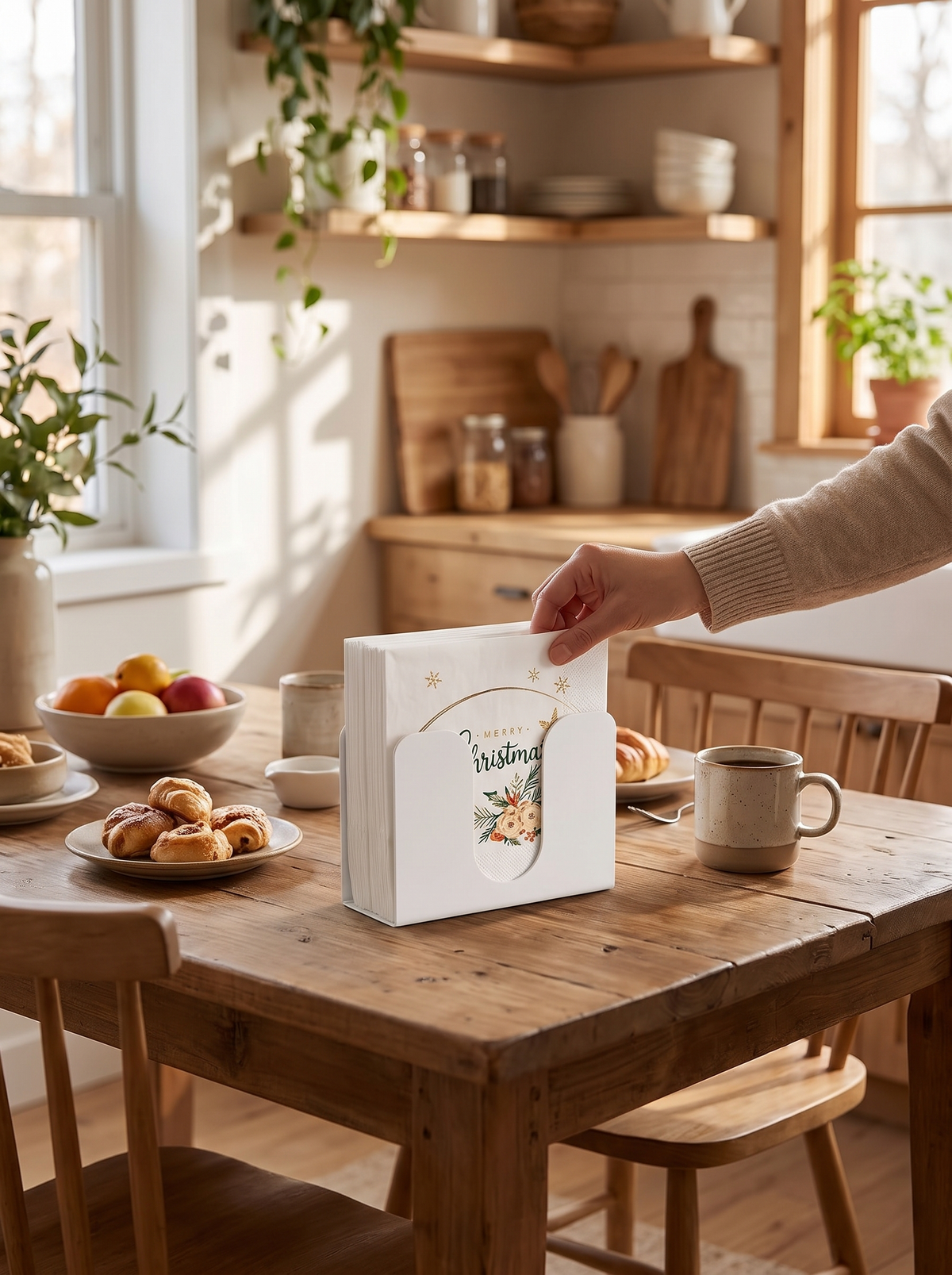 Clear acrylic napkin holder filled with napkins on a set dining table
