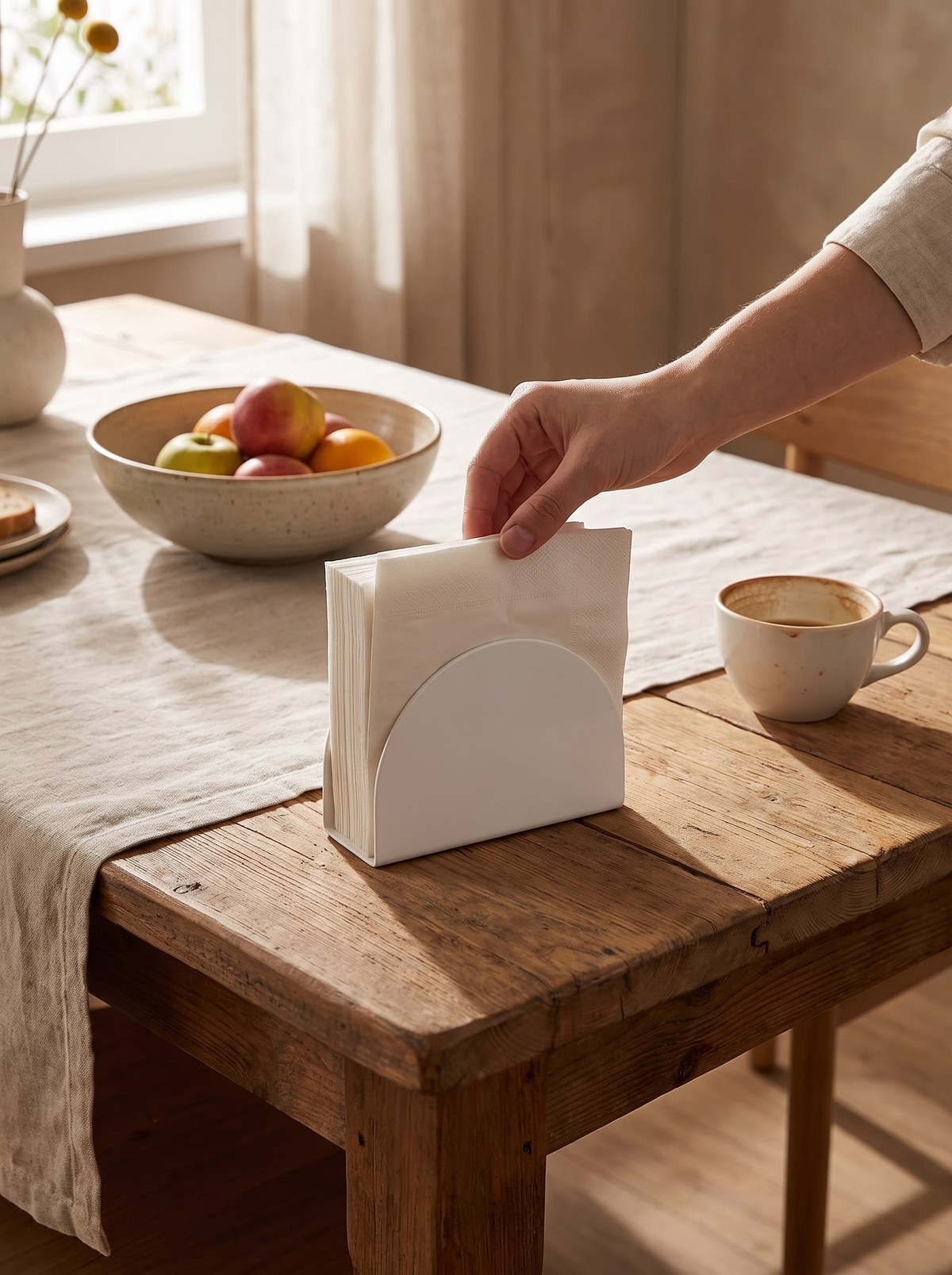 Clear acrylic napkin holder with smooth sanded edges standing on a counter