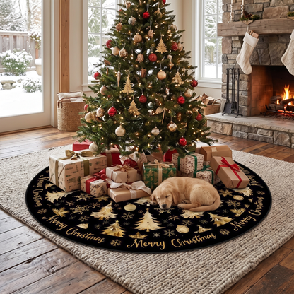 Black plush Christmas tree skirt with gold snowflake pattern under a decorated tree