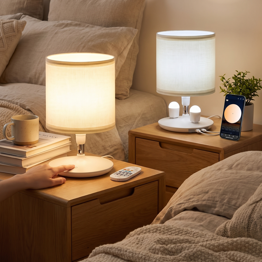 Dimmable USB-C bedside table lamp shown in use on a nightstand