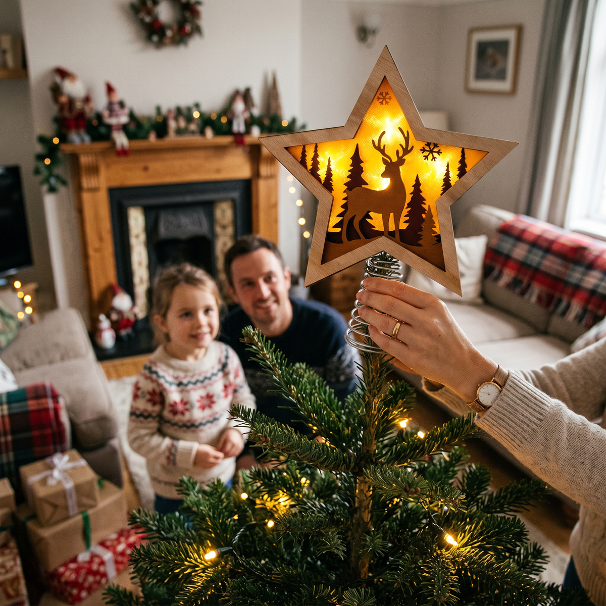 Lighted rustic reindeer star Christmas tree topper on a tree in a home