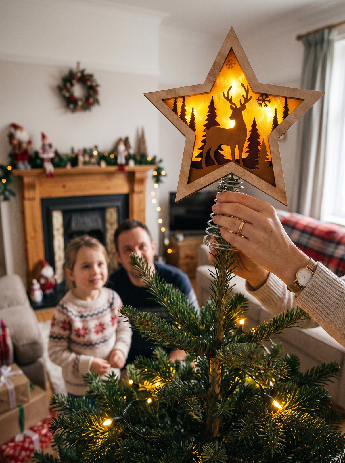 Warm LED light glowing through the cut wooden star topper