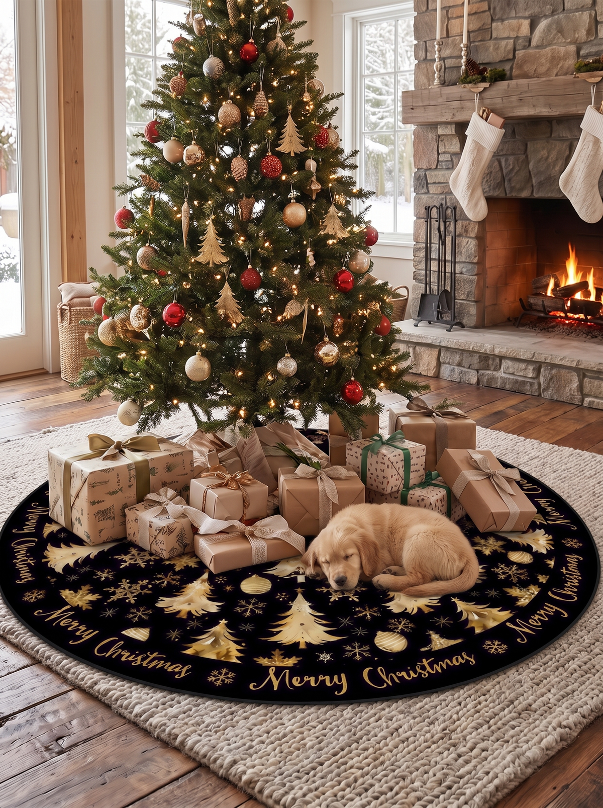 Black and gold Christmas tree skirt under a decorated tree