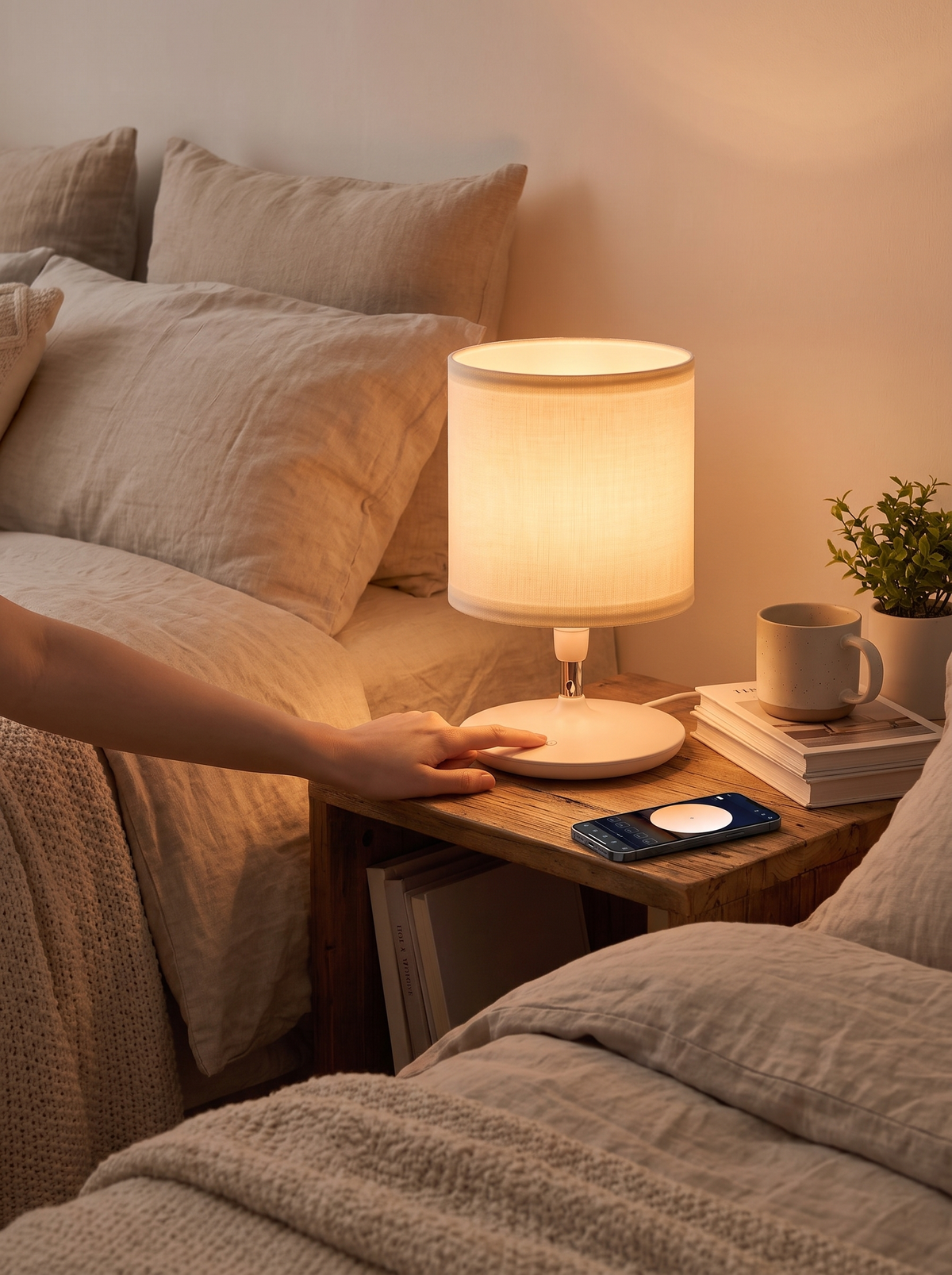 Bedside table lamps set to a soft evening glow on a nightstand