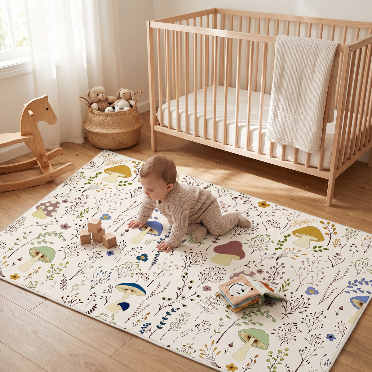 Living Room Rug 4X6 Machine Washable Non Slip Mushrooms Beige